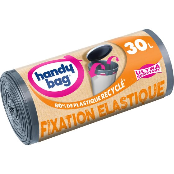 HANDY BAG® Sacs poubelle FIXATION ELASTIQUE 30L, 80% de plastique