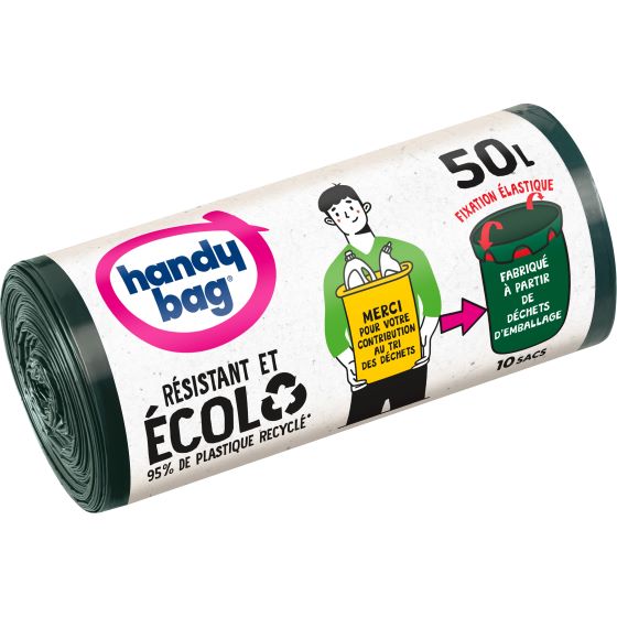 Sac poubelle HANDY BAG fixation élastique 50L-1 rouleau 10 sacs